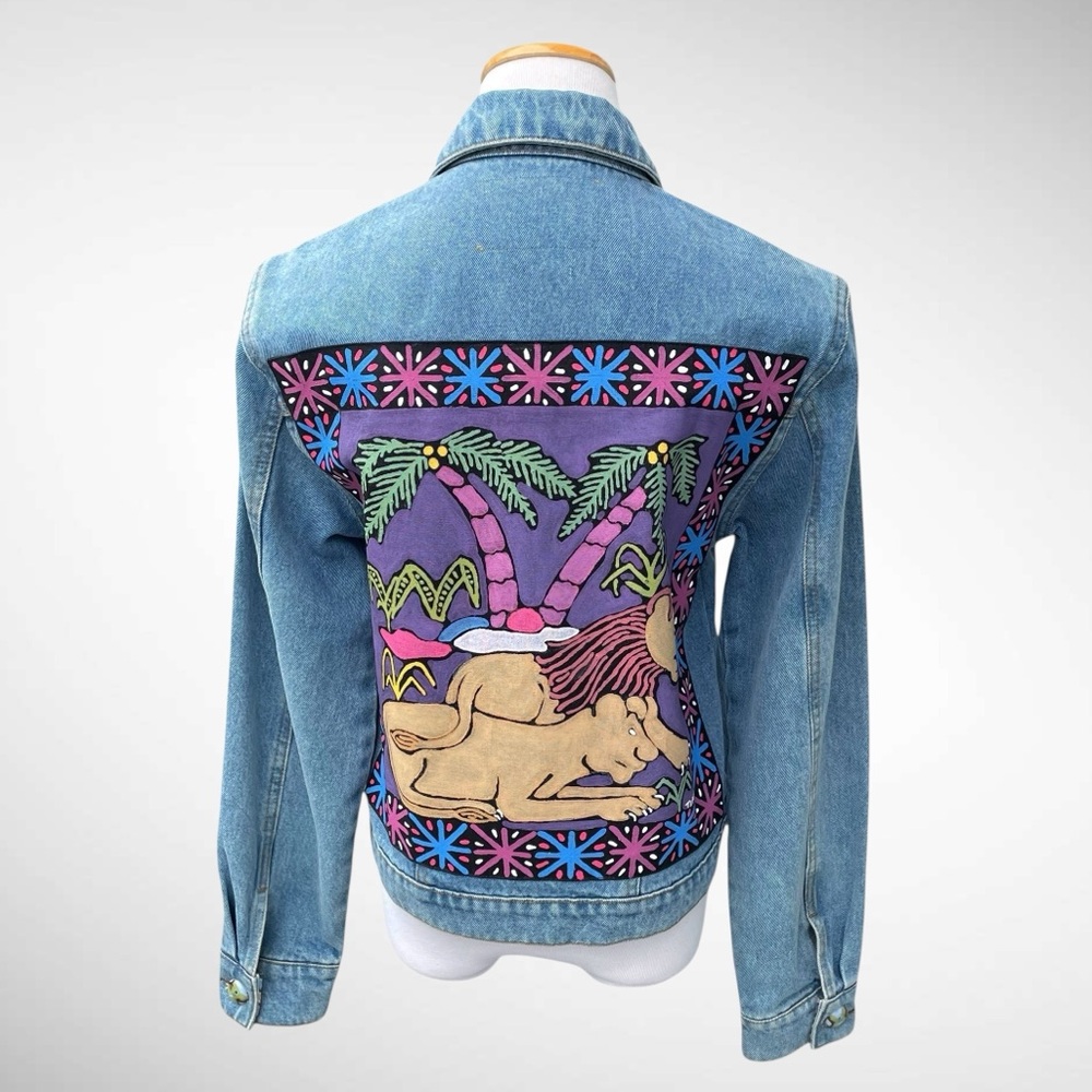 Exotic Threads Heavy Denim Jacket Hand-Painted Jungle Design Back, Size S